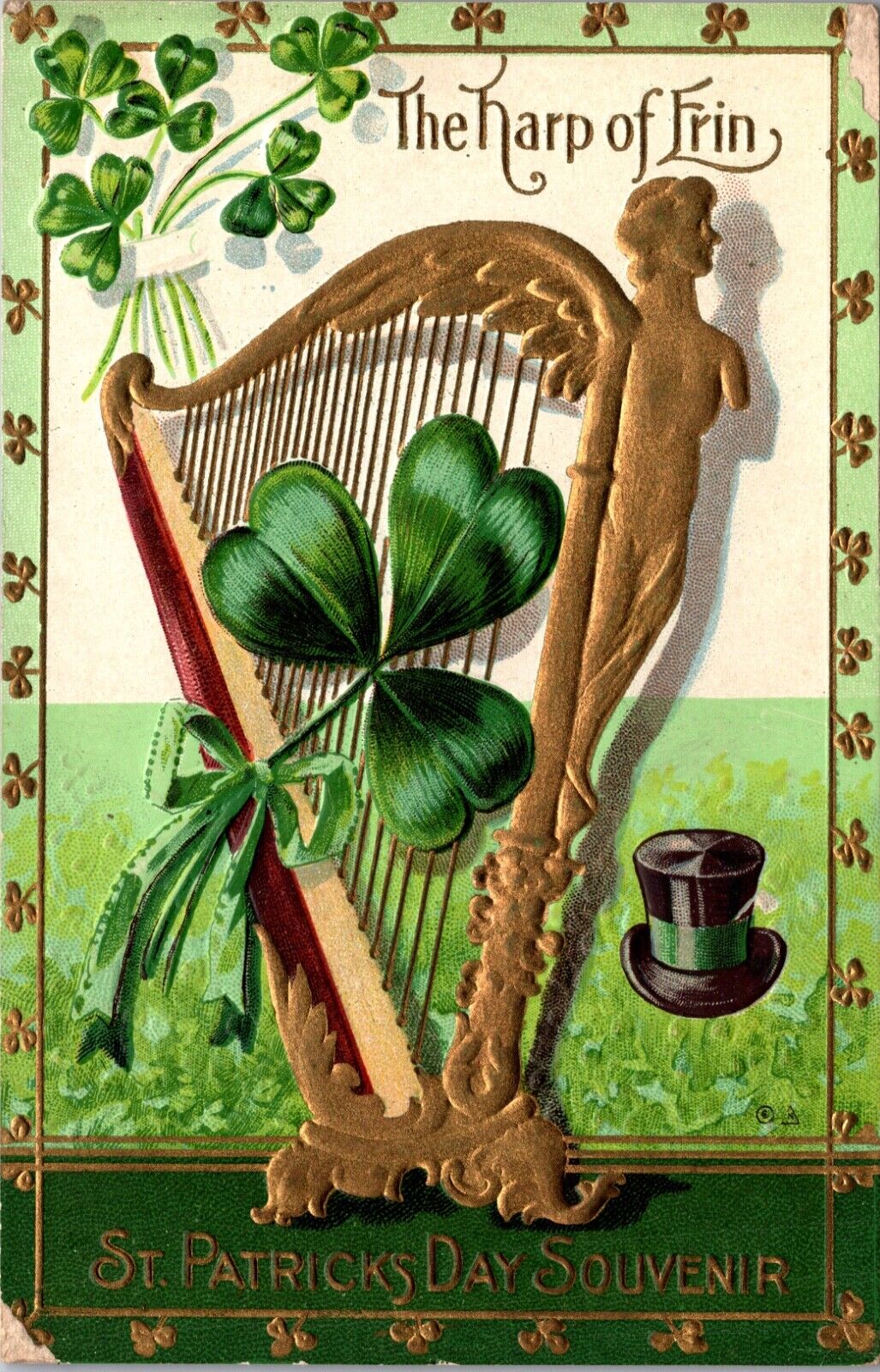 St. Patrick's Day Postcard Shamrock Harp of Erin Celtic Top Hat Souvenir Irish