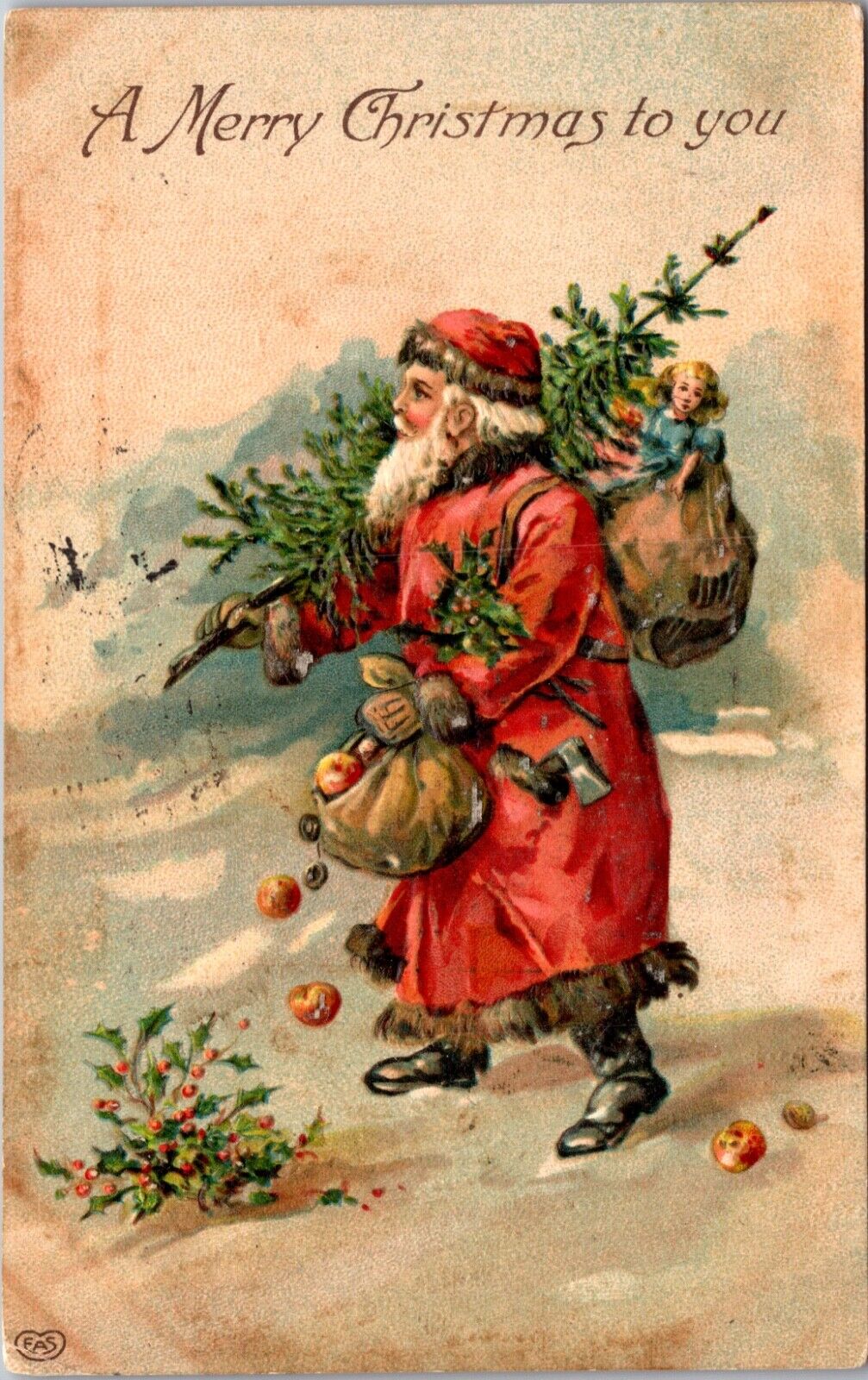 Christmas Postcard Santa Claus Carrying Tree Doll Toys Bag of Fruit Through Snow