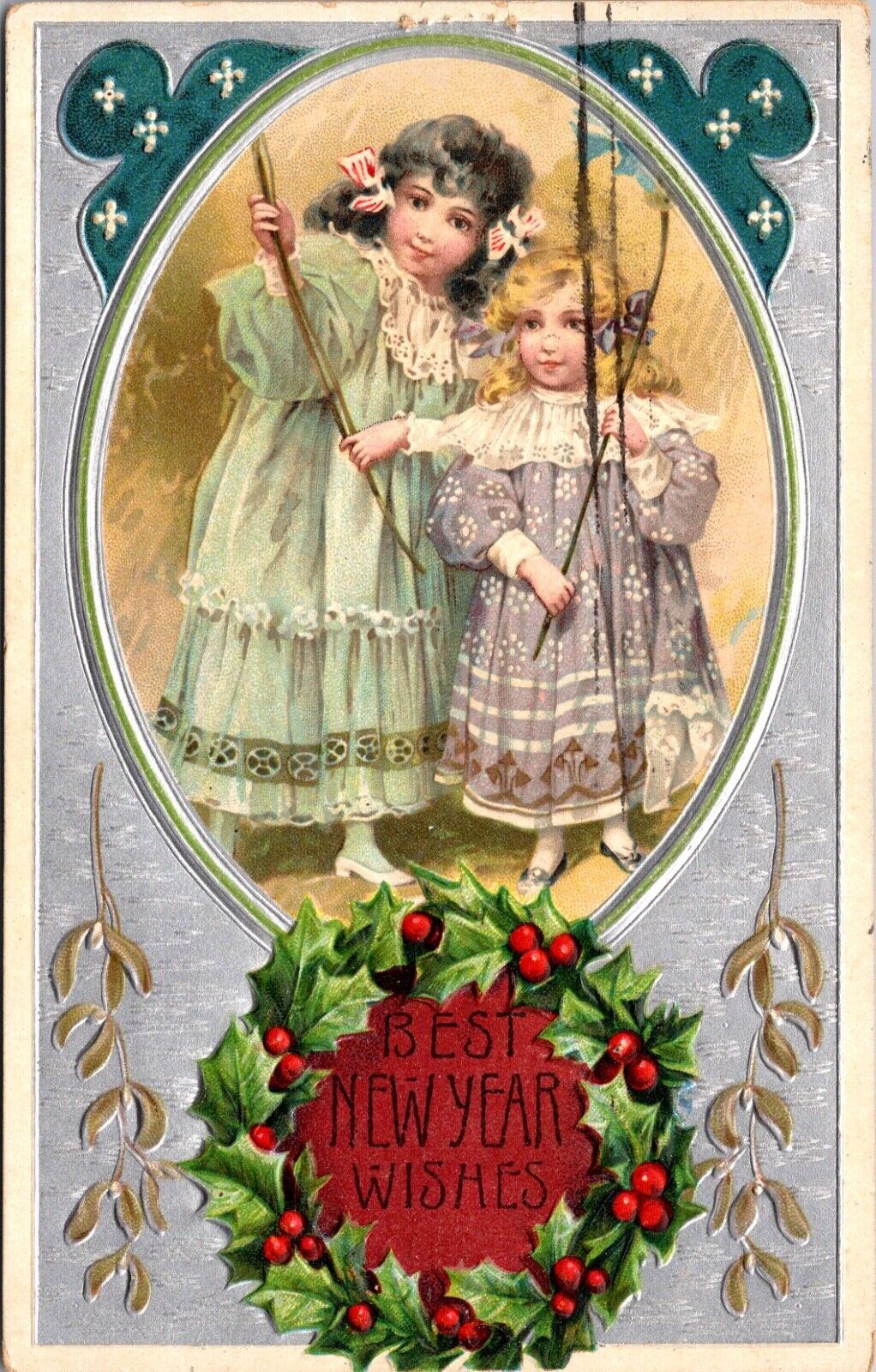 Best New Year Wishes Postcard Two Girls and Holly Wreath