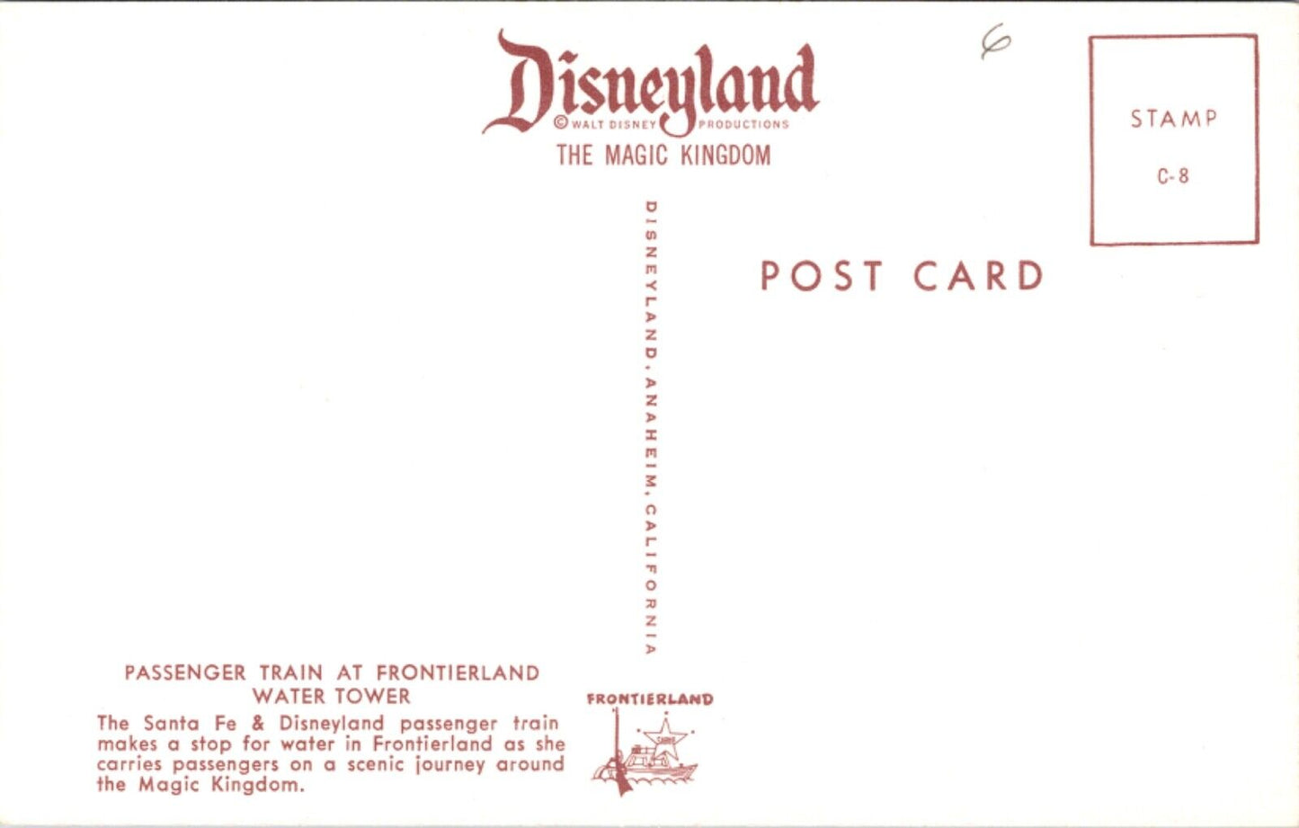 Disneyland Postcard Santa Fe Passenger Train at Frontierland Water Tower