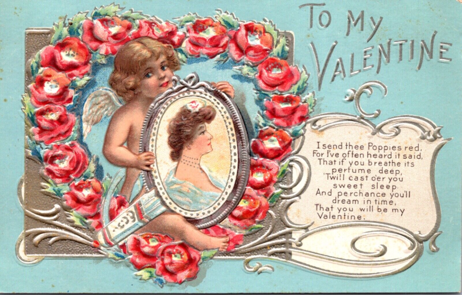 Valentine Postcard Cupid Cherub Holding Portrait of Woman Heart Made of Roses