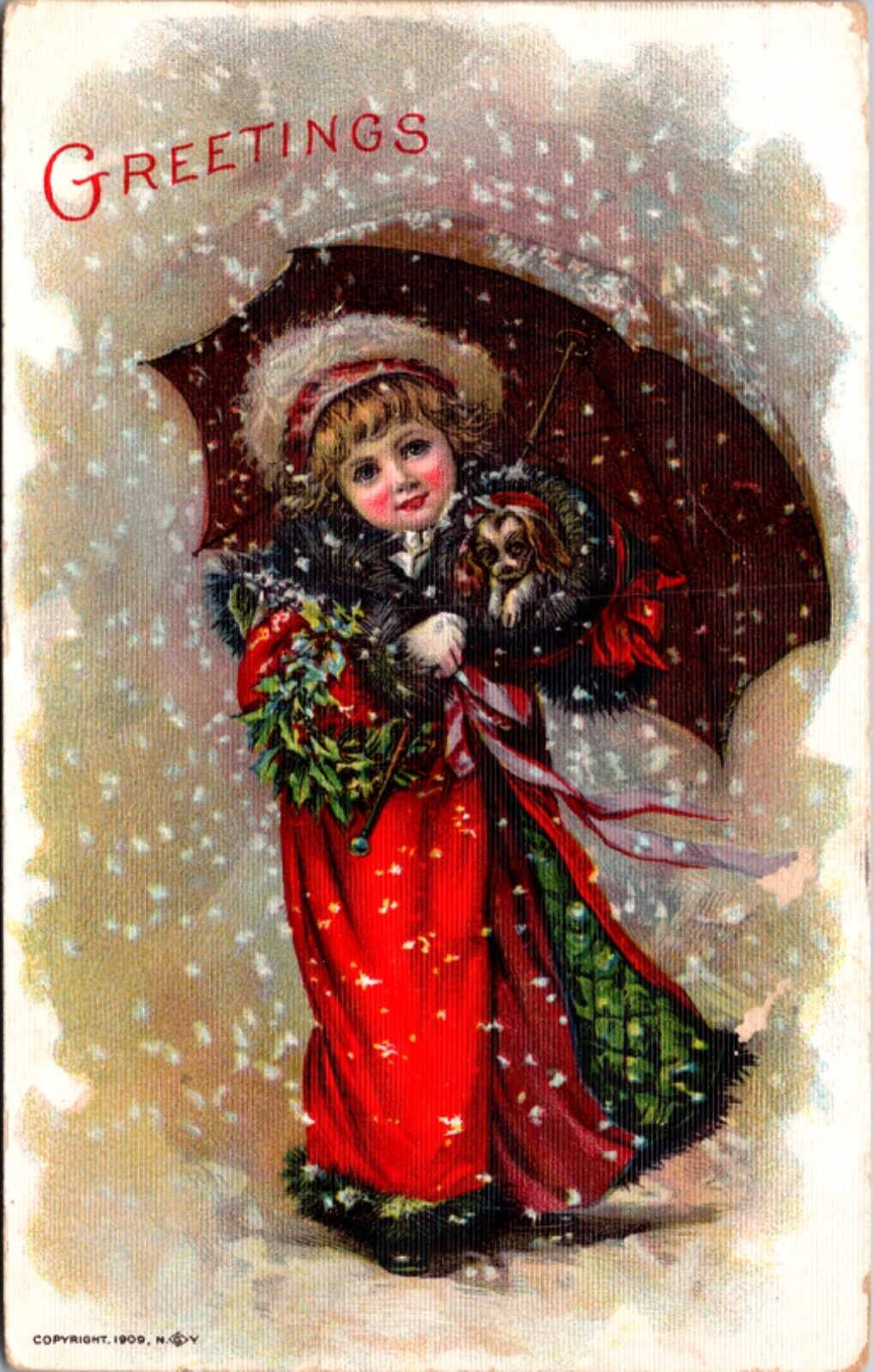 Christmas Postcard Little Girl Holding Dog Under Umbrella Walking In The Snow