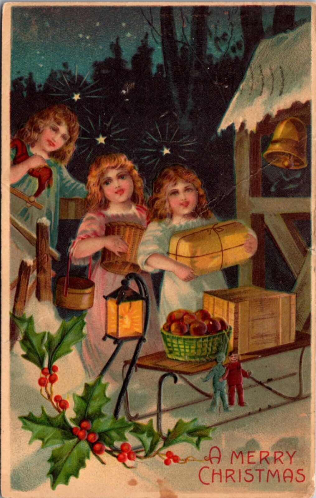 Christmas Postcard Three Angels Loading Presents Gifts on a Sled in Snow