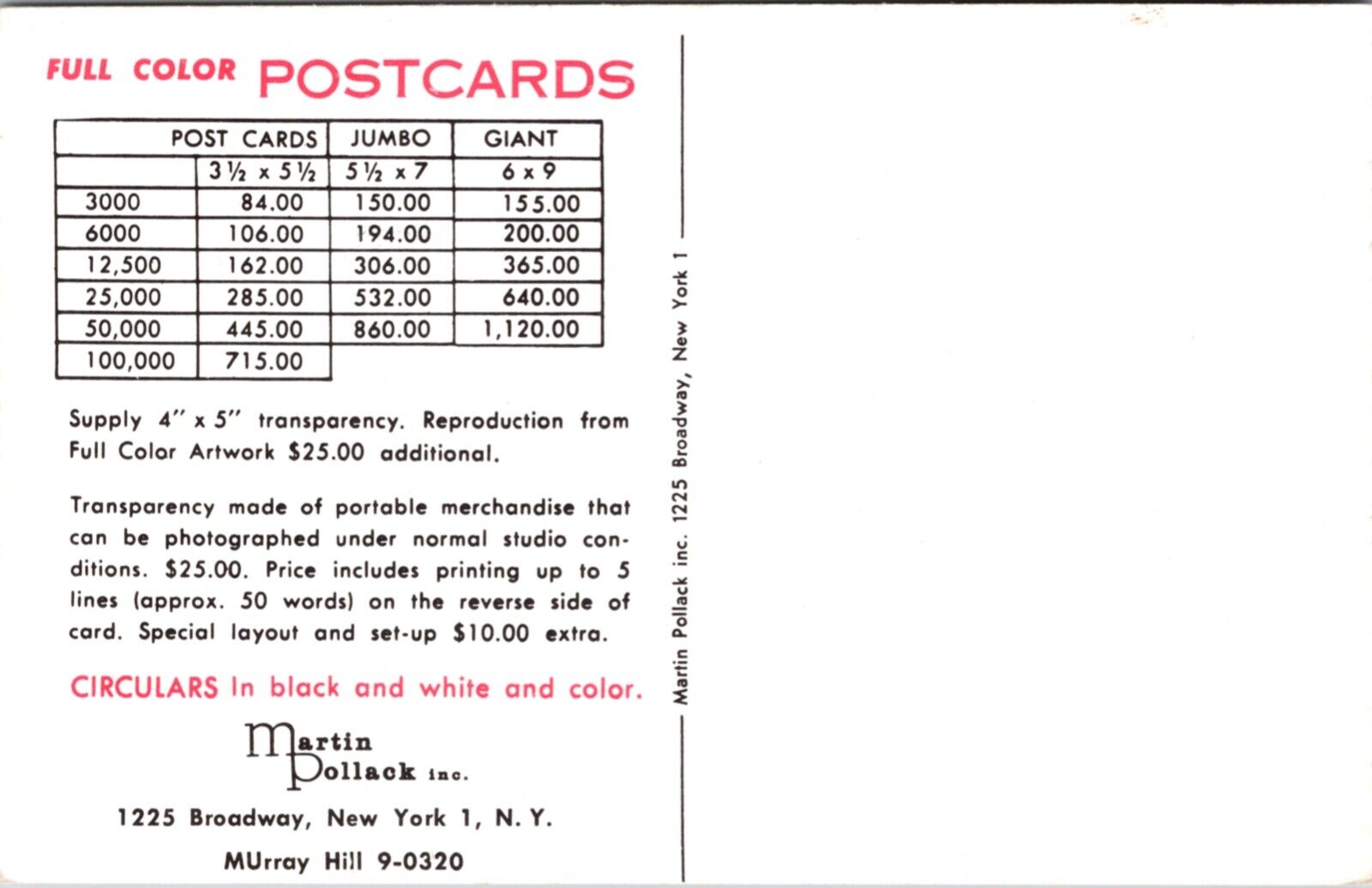 Advertising Postcard Martin Pollack Full Color Printing Company New York City