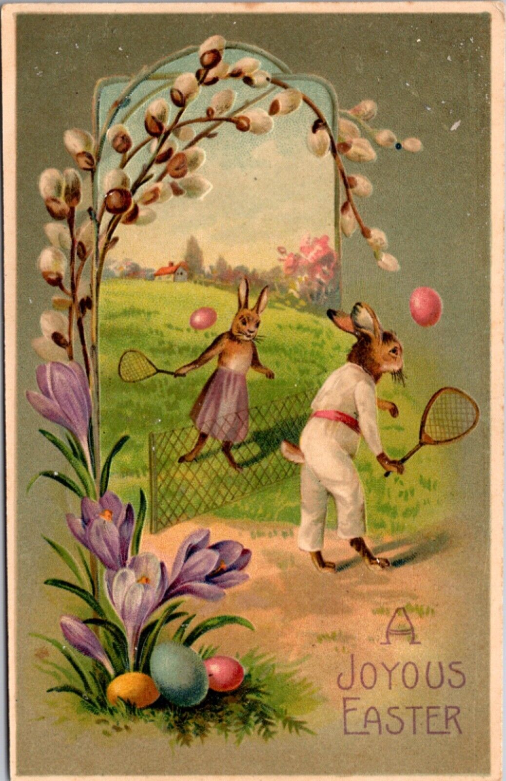 Easter Postcard Dressed Bunny Rabbits Playing Tennis with Colored Eggs