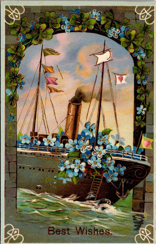 Best Wishes Postcard Forget Me Not Flowers on Steamship Four Leaf Clovers