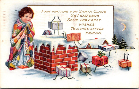 Christmas Postcard Child Watching Fantasy Gift Packages Jump Down the Chimney