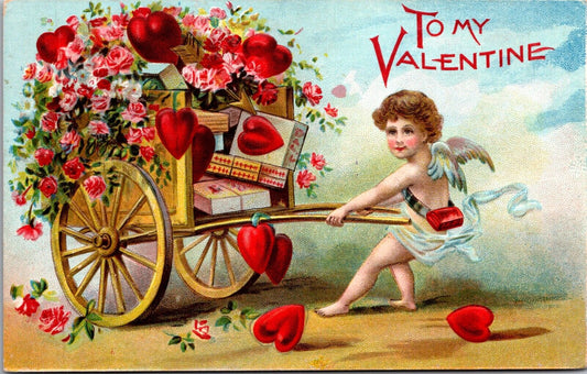 Valentine PC Cupid Cherub  Pulling Wheelbarrow Filled with Hearts and Flower