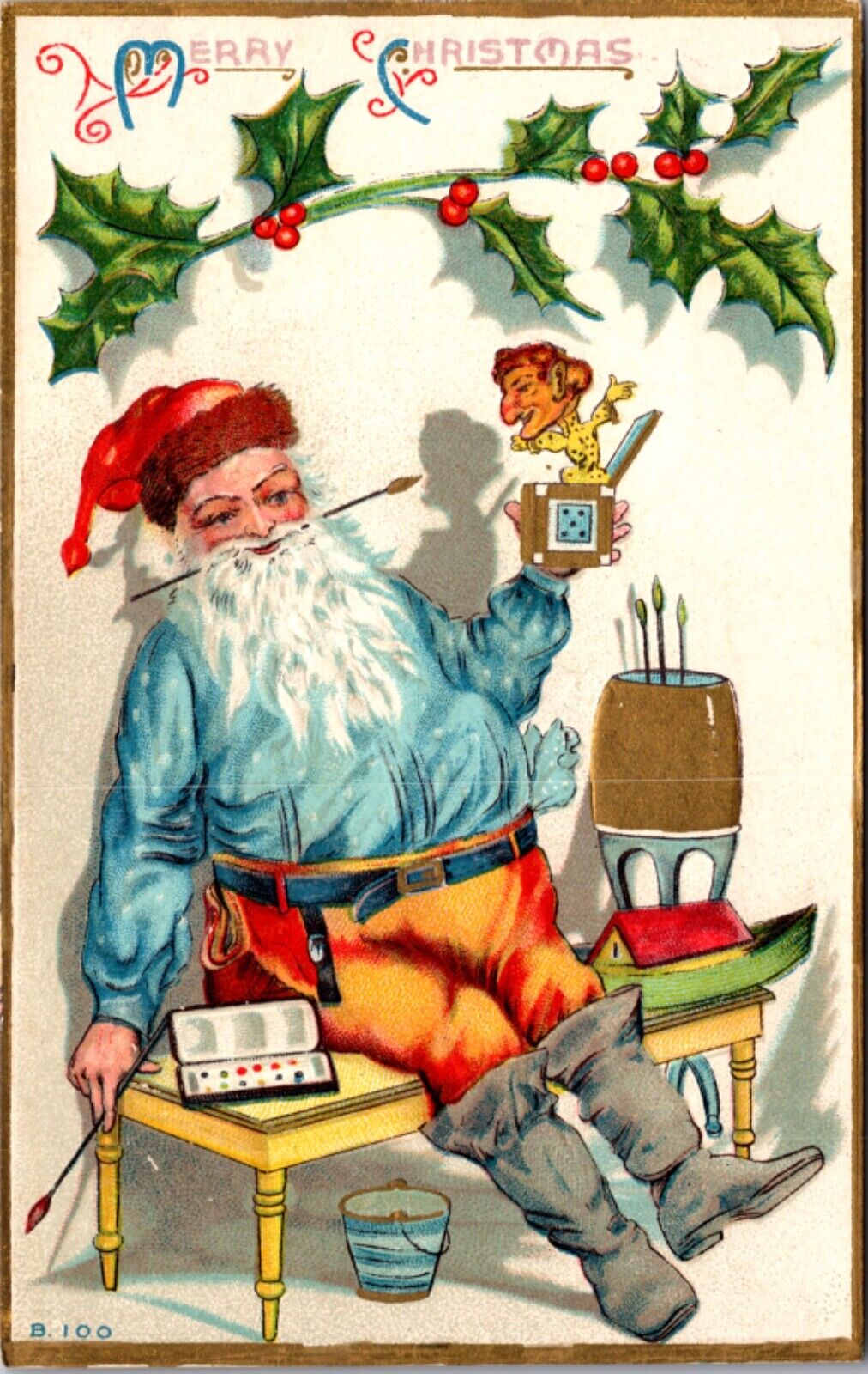 Christmas Postcard Blue Shirt Orange Red Pant Suited Santa Claus Painting Toys