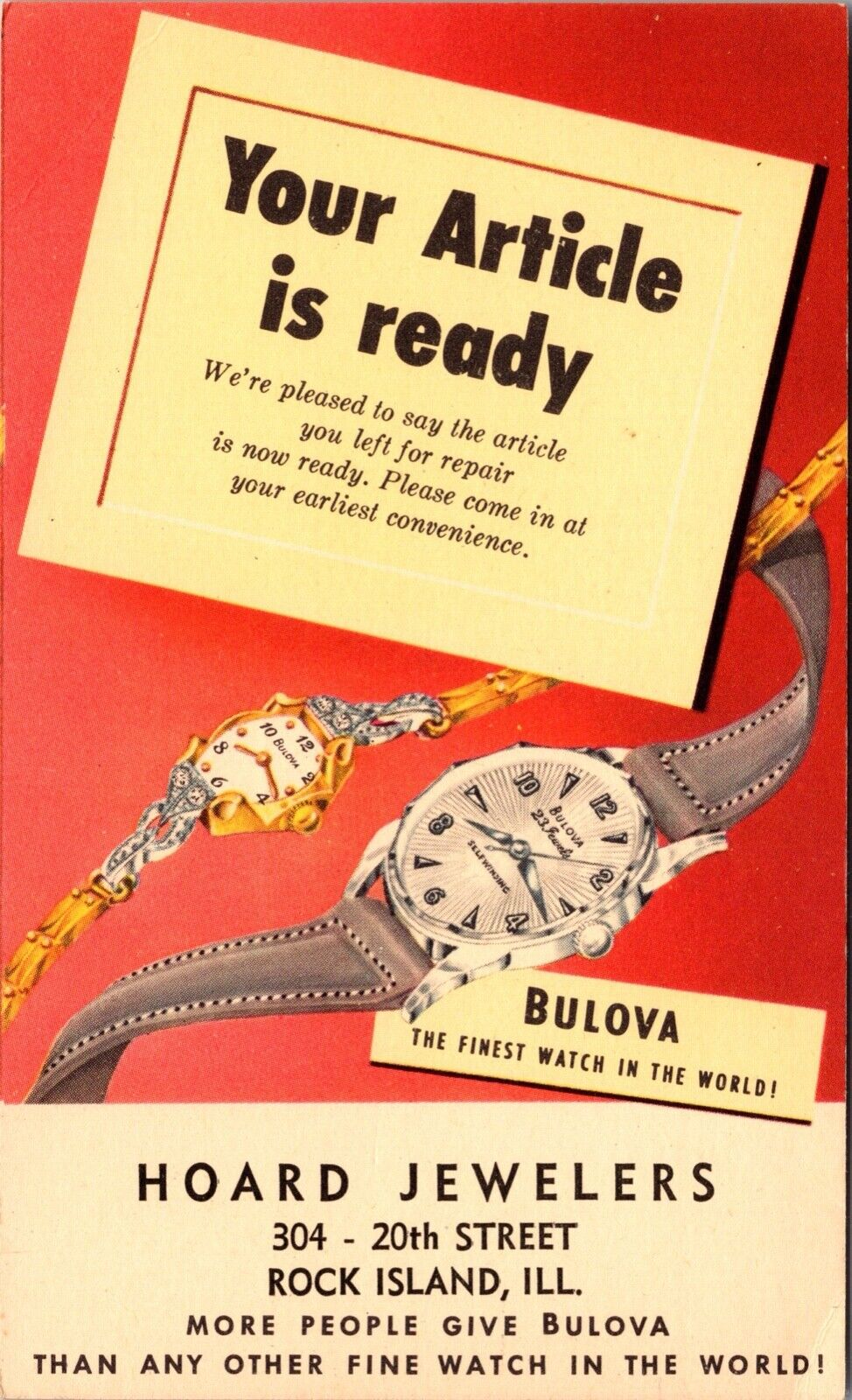 Advertising Postcard Bulova Watch, Hoard Jewelers in Rock Island Illinois~132439