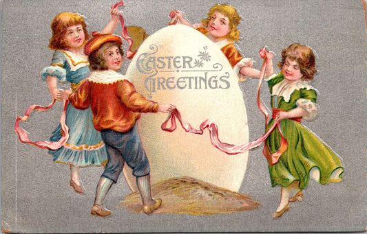 Easter Greetings Children Holding Pink Ribbon Dancing Around an Egg