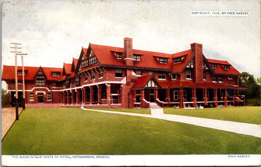 1908 Fred Harvey Postcard The Bisonte Santa Fe Hotel in Hutchinson, Kansas