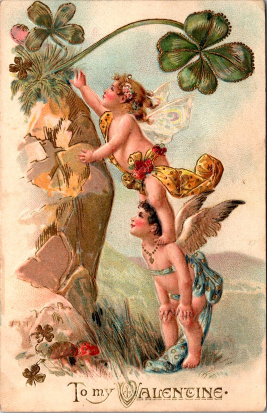 Valentine's Day PC Cupid Cherubs Butterfly Fairy Wings Picking Four Leaf Clover