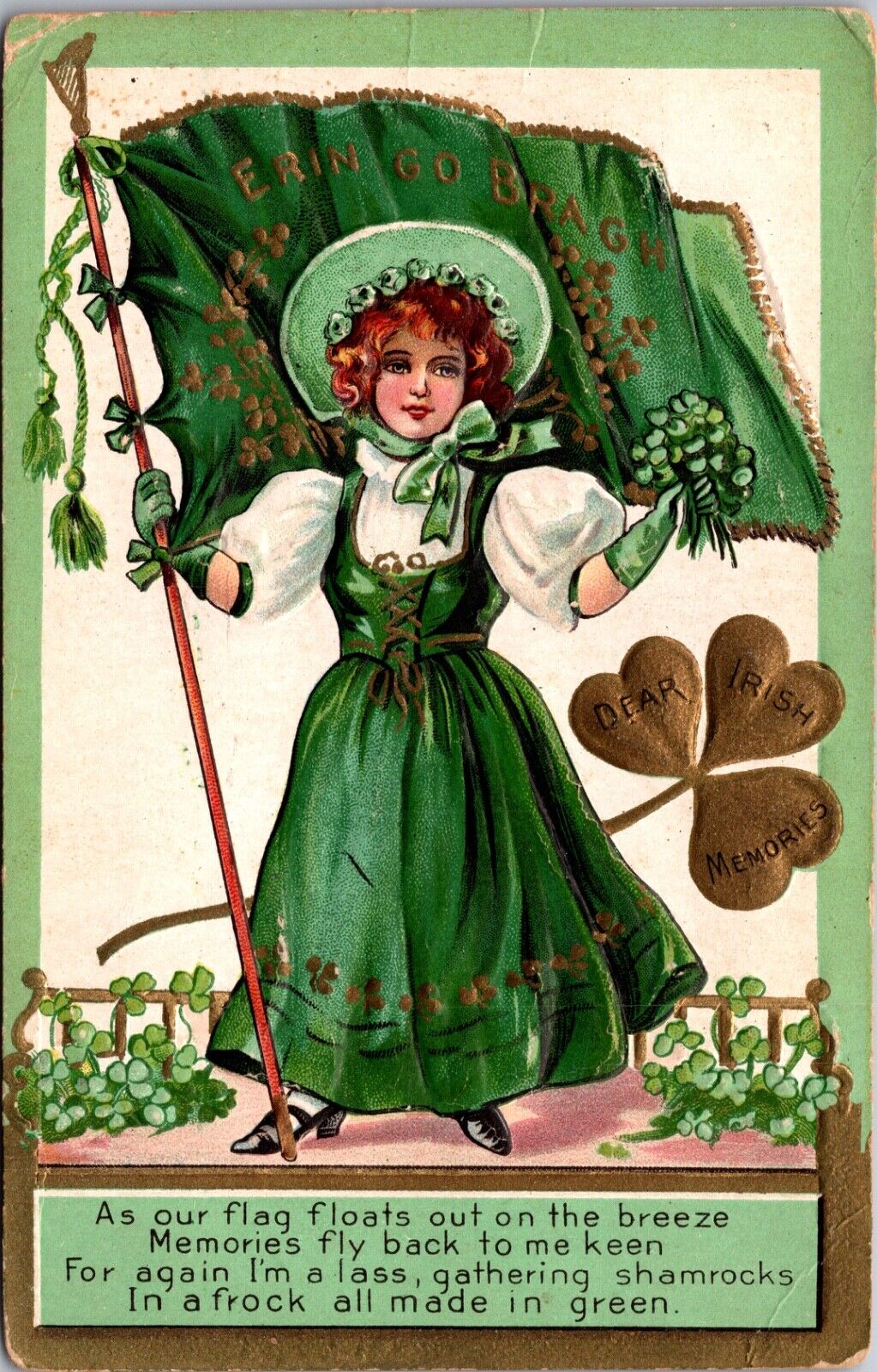 St. Patrick's Day Postcard Dear Irish Memories Erin Go Bragh Flag Clover Woman