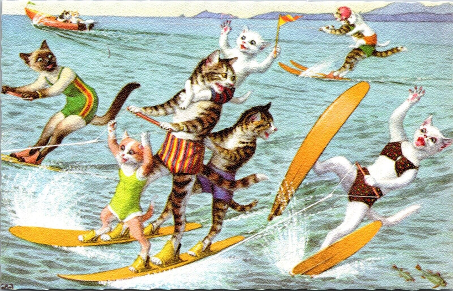 Alfred Mainzer Postcard Dressed Cats Waterskiing on Lake