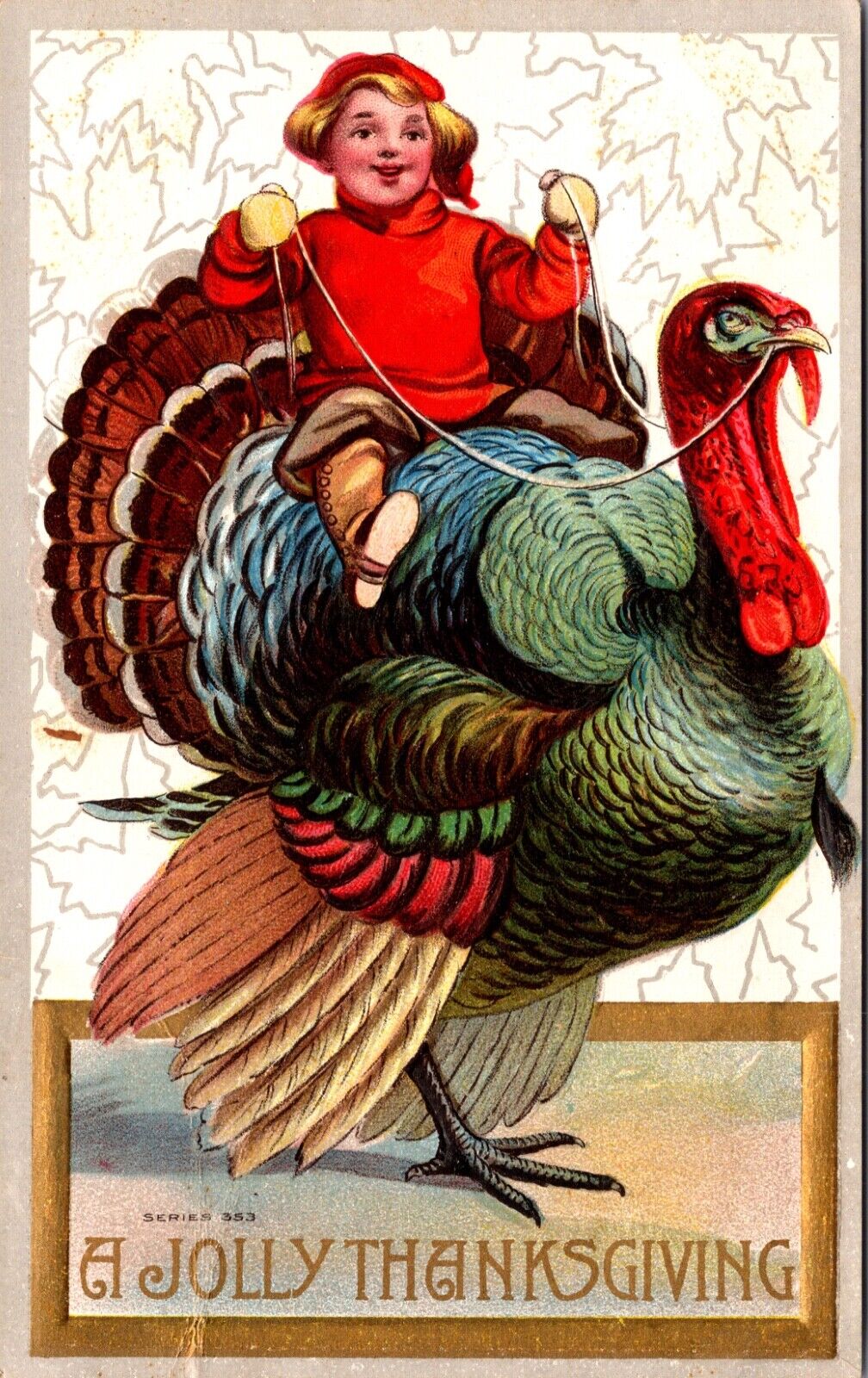 A Jolly Thanksgiving Postcard Young Boy Child Riding a Giant Turkey