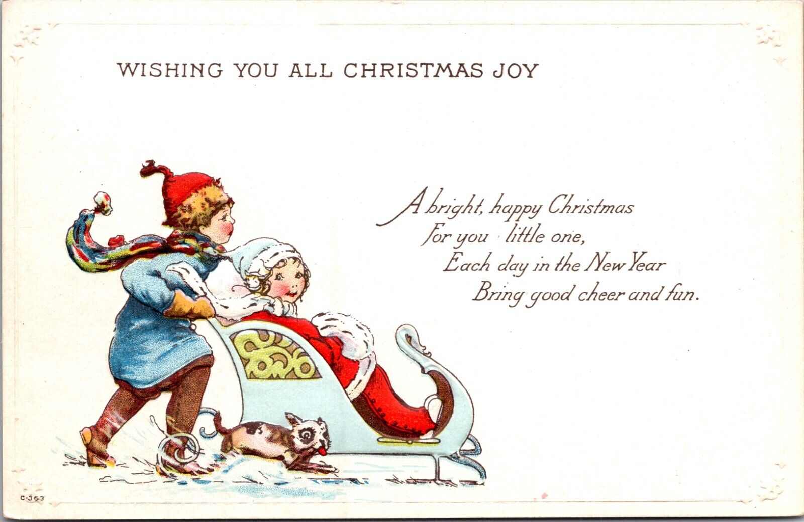 Christmas Postcard Dog Running with Boy Pushing Girl Sitting in Sled