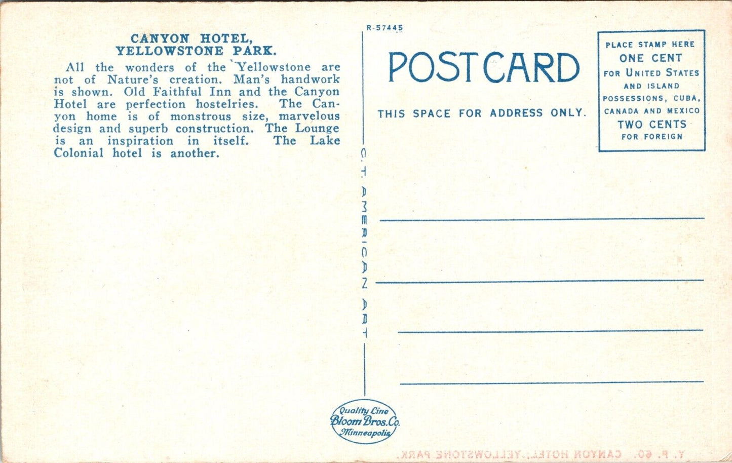 Two Postcards Canyon Hotel at Yellowstone National Park~1630