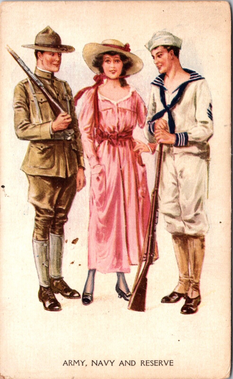 Artwork Postcard Army, Navy and Reserve Woman with Two Military Men Rifles