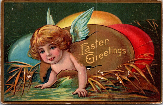 Embossed Easter Postcard Cherub Angel Hatching From Colored Eggs~138699