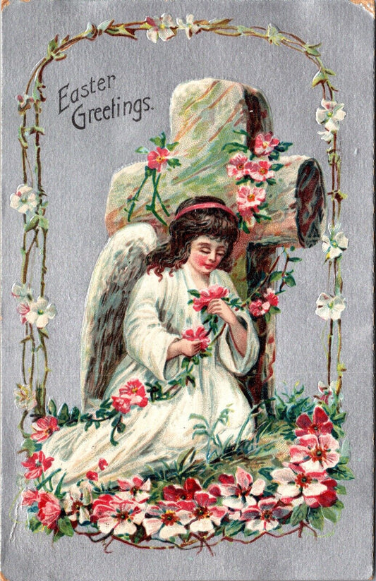 Easter Postcard Angel Girl Kneeling at Cross Gravestone Covered in Flowers