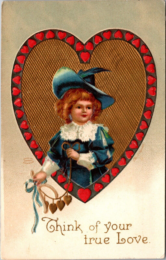 Valentine Postcard Child Wearing Blue Ribbon Horseshoe Gold Hearts True Love