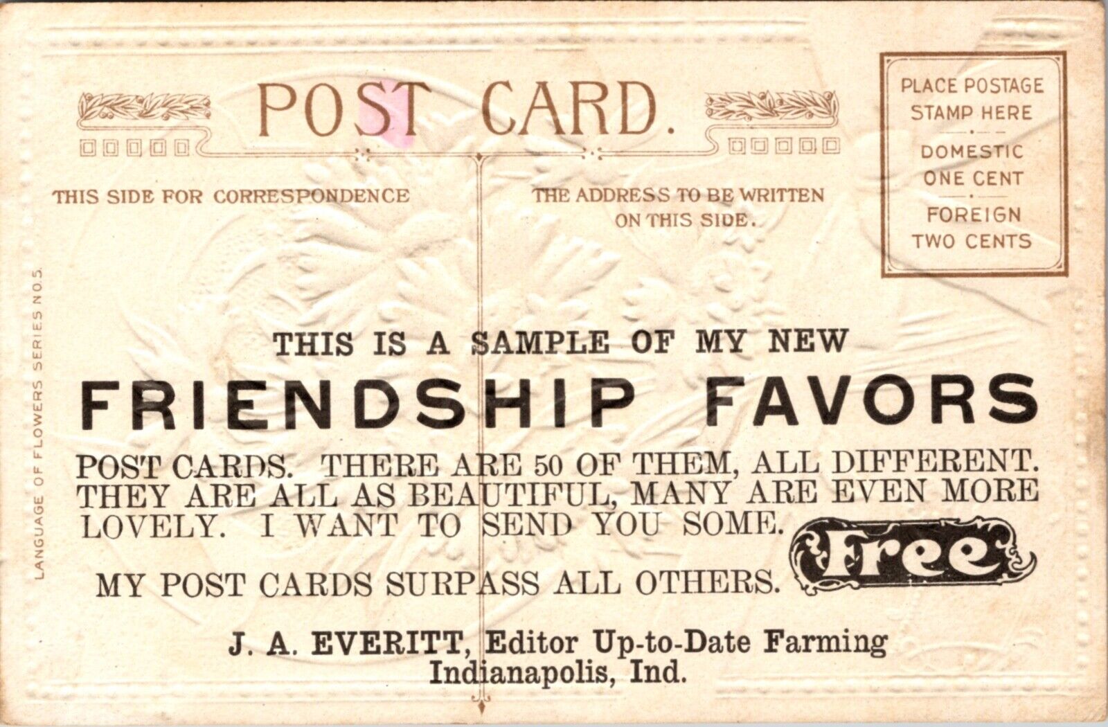 Advertising J.A. Everitt Friendship Favors Postcard in Indianapolis, Indiana