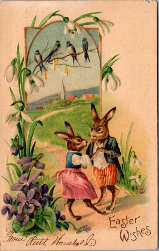 Easter Postcard Two Dressed Bunny Rabbit Couple Dancing on a Dirt Road Flowers