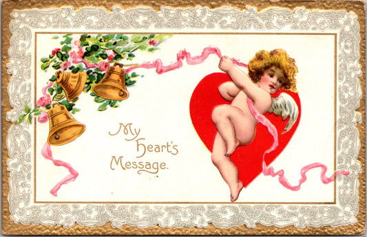 Valentine's Day Postcard Cupid Cherub Angel Using Pink Ribbon to Ring Gold Bells