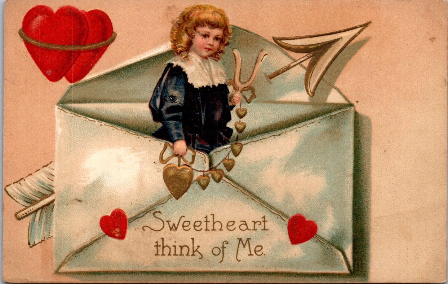 Valentine Postcard Child Standing Inside Envelope Gold Hearts Wishbone