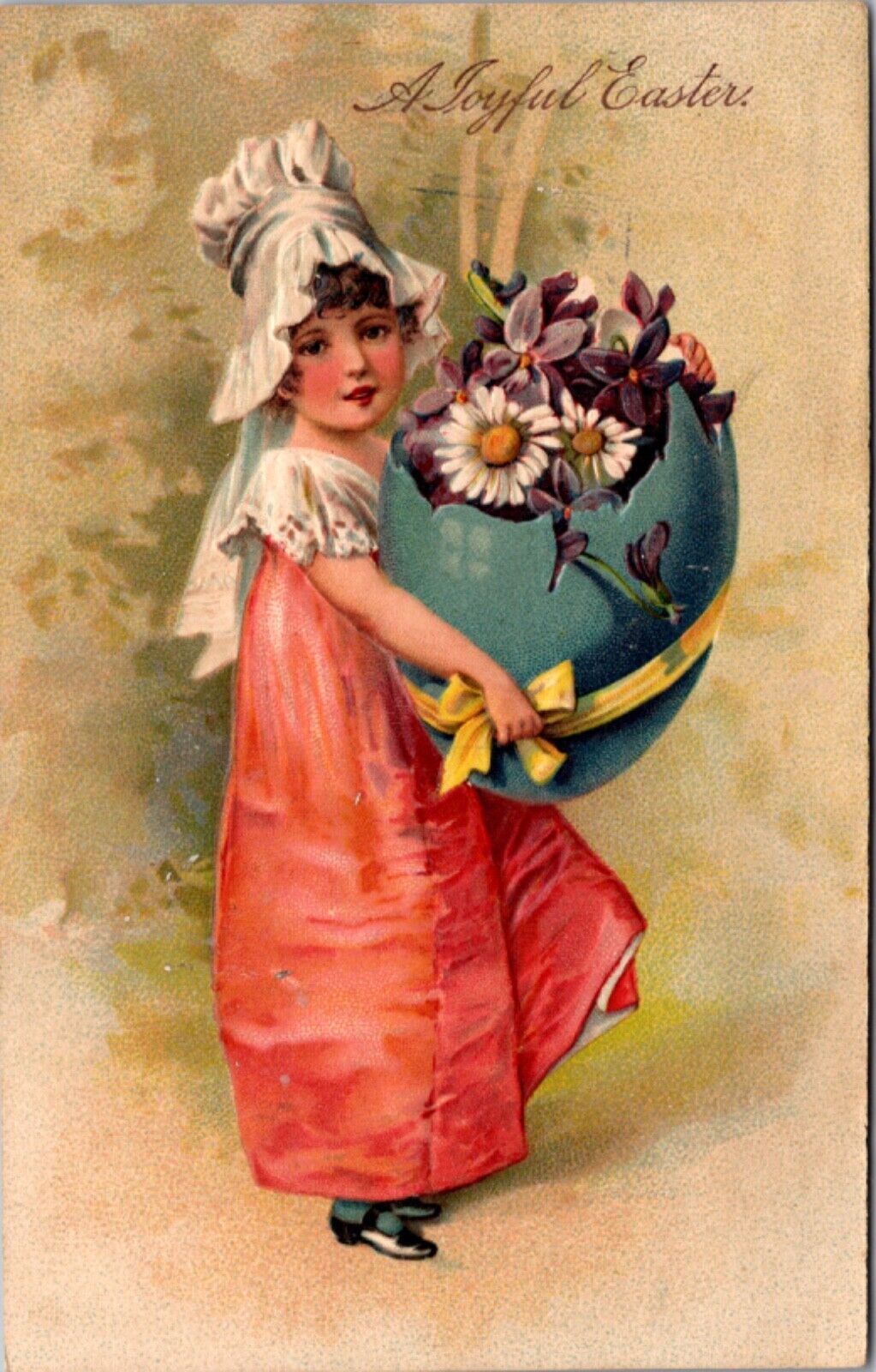 Easter Postcard Little Girl Holding Blue Colored Eggshell Filled with Flowers