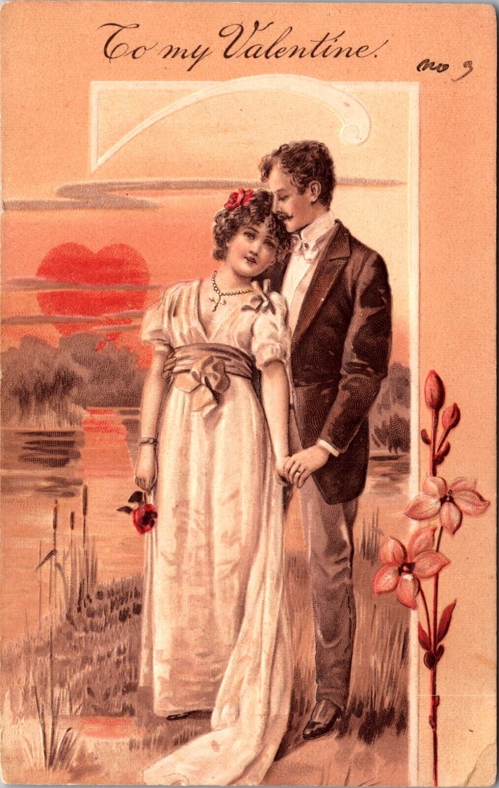 Valentine Postcard Man and Woman Couple Embracing Heart Shaped Sunset Lake