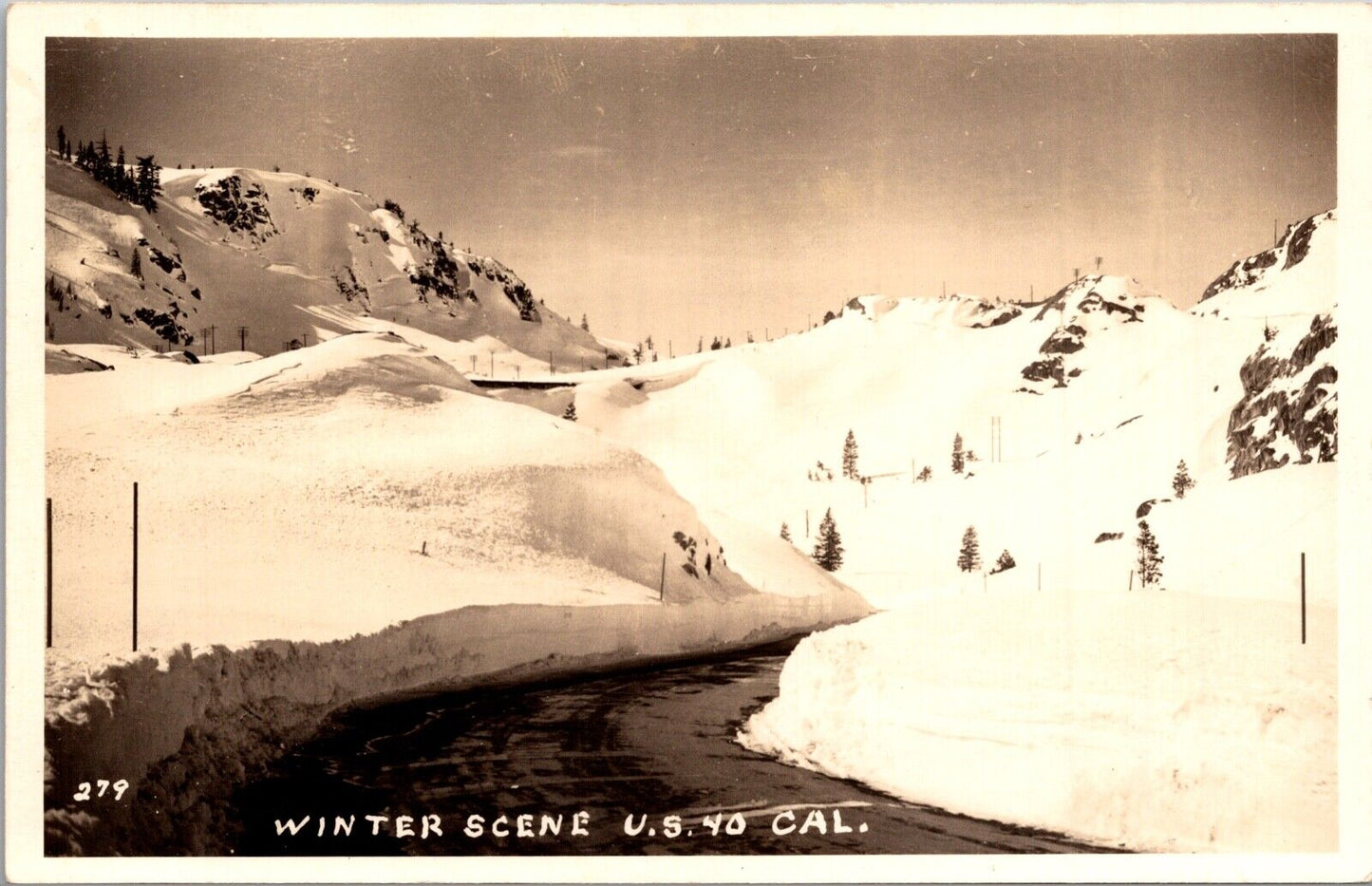 Real Photo Postcard Winter Scene Snow Covered U.S. 40 in California