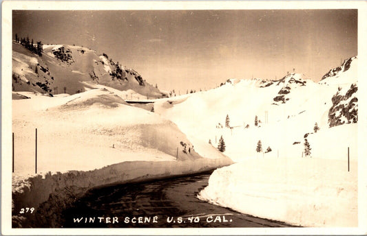 Real Photo Postcard Winter Scene Snow Covered U.S. 40 in California