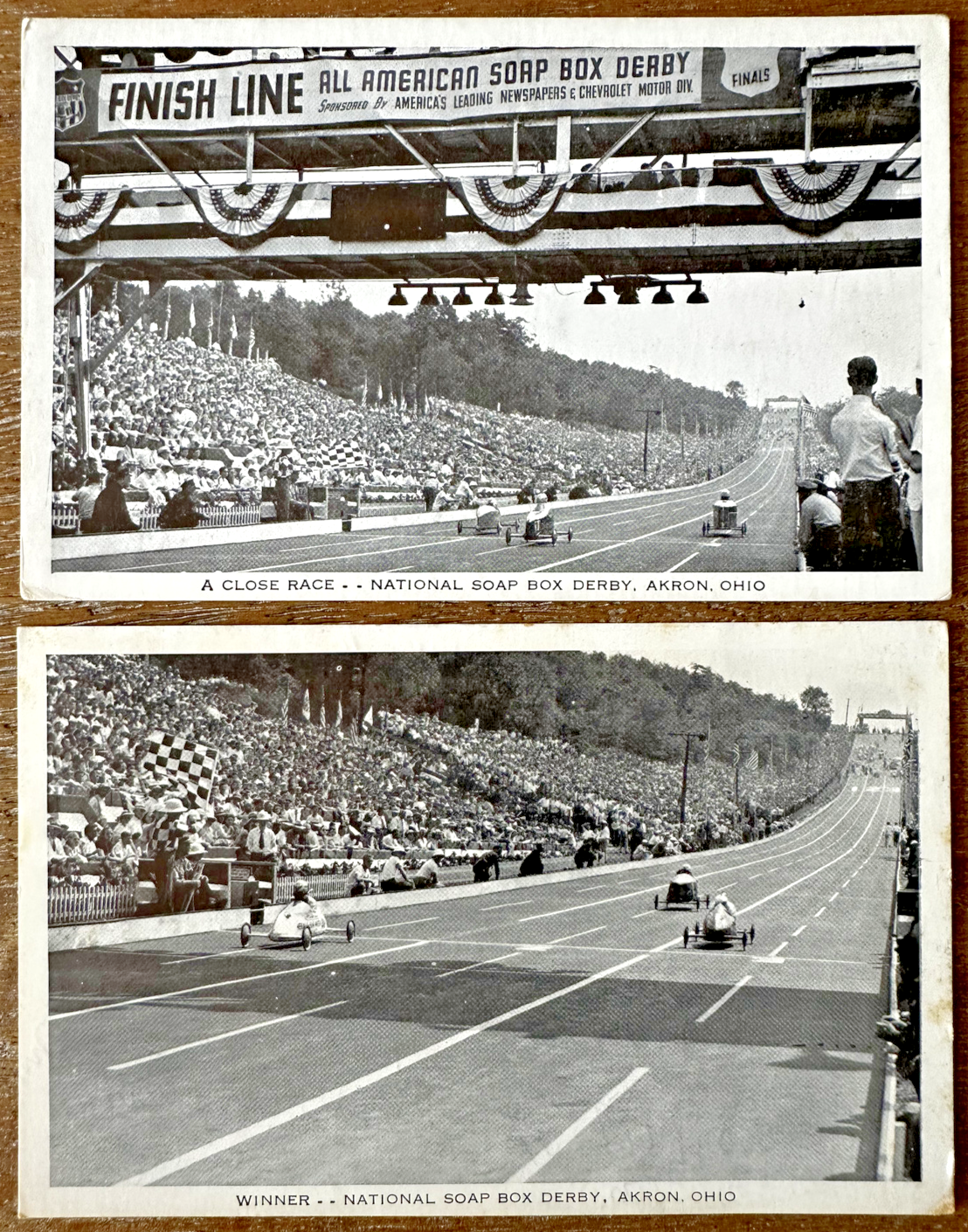 Two Postcards Finish Line at the National Soap Box Derby in Akron, Ohio