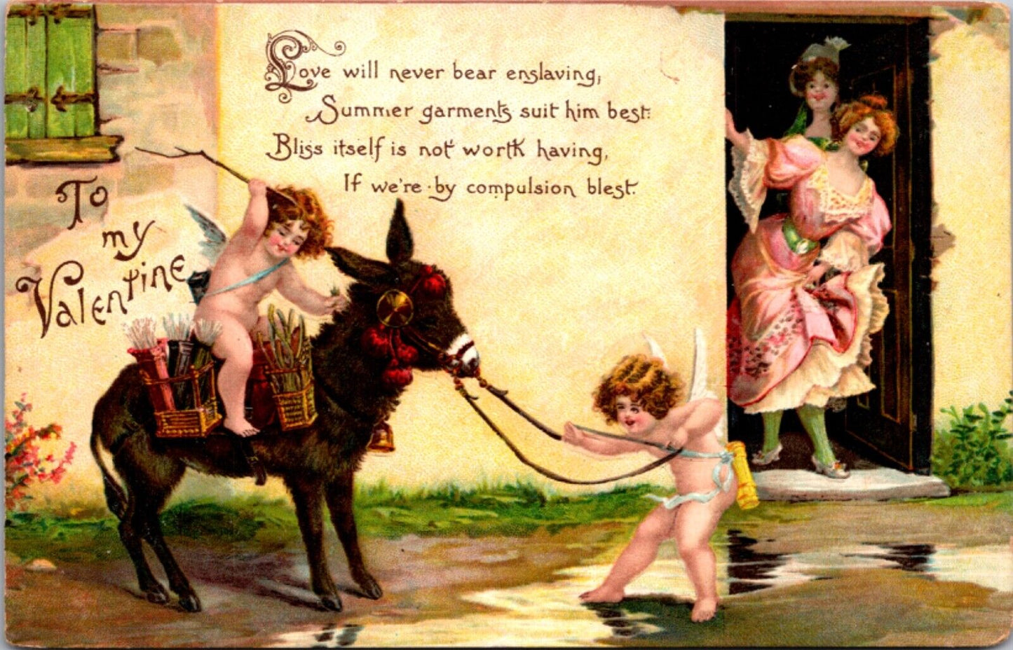 Valentine's Day Postcard Women Open Door to Find Cupid Cherub Bow Arrow Donkey