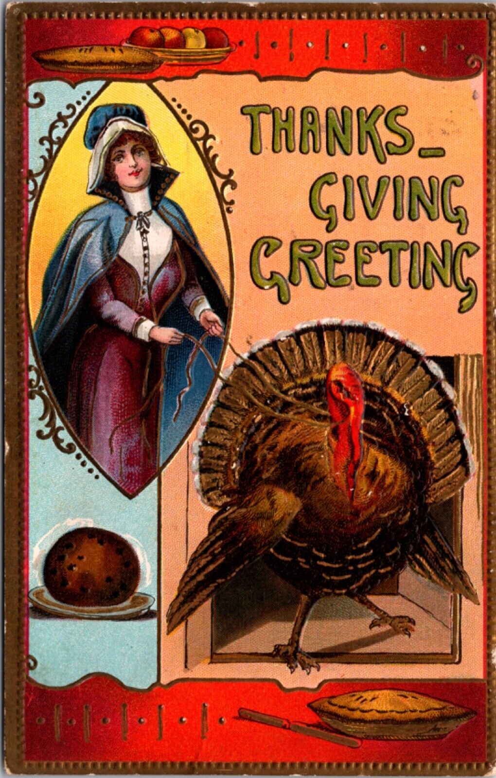 Thanksgiving Postcard Woman Walking Turkey on a Leash, Pie, Pudding