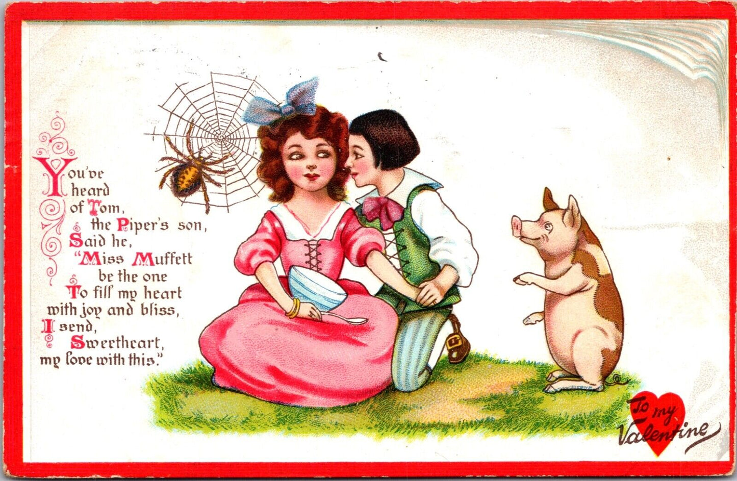 Valentine Postcard Tom, Piper's Son and Miss Muffett Spider Web Pig