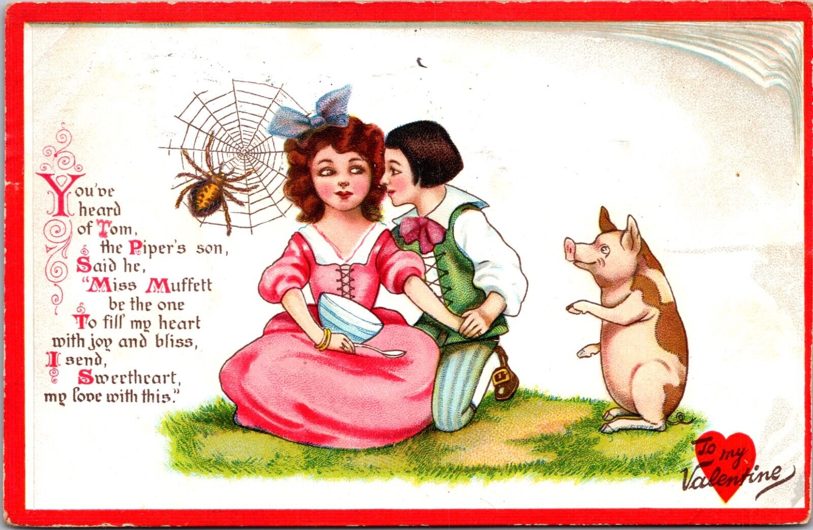 Valentine Postcard Tom, Piper's Son and Miss Muffett Spider Web Pig