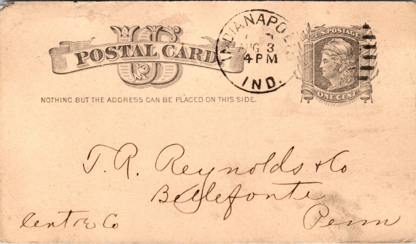 1885 Receipt Postcard Office Indianapolis Hominy Mills, Indiana