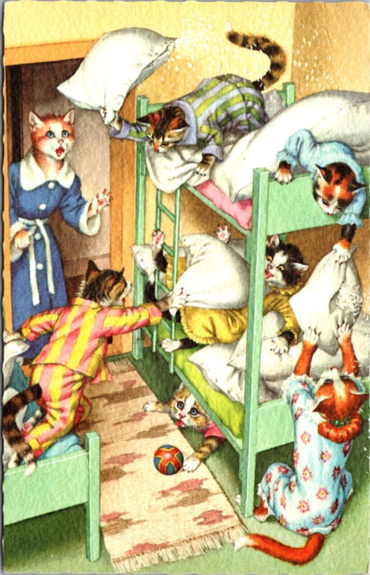 Alfred Mainzer Postcard Dressed Cats Having a Pillow Fight Sleepover Bunkbeds