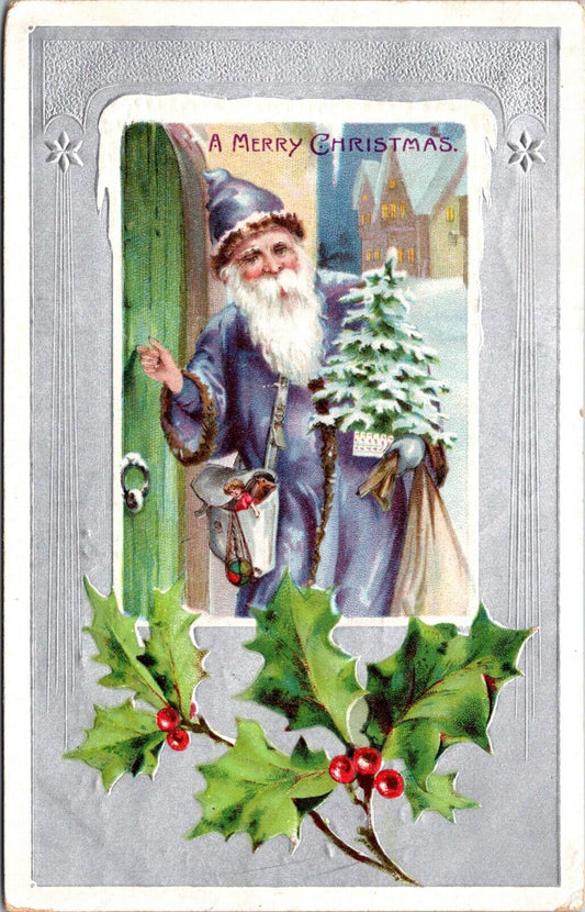 Christmas Postcard Purple Suited Santa Claus Knocking on a Front Door~133673