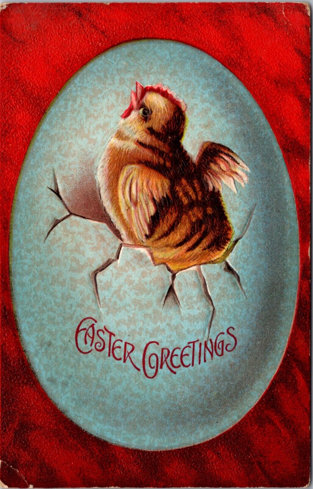 Easter Postcard Chick Breaking Out of Blue Colored Egg