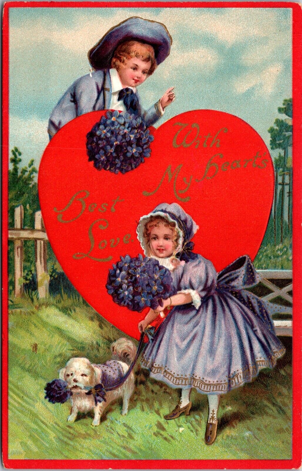 Valentine PC Boy, Girl and Dog Dressed in Purple with Purple Flowers, Red Heart