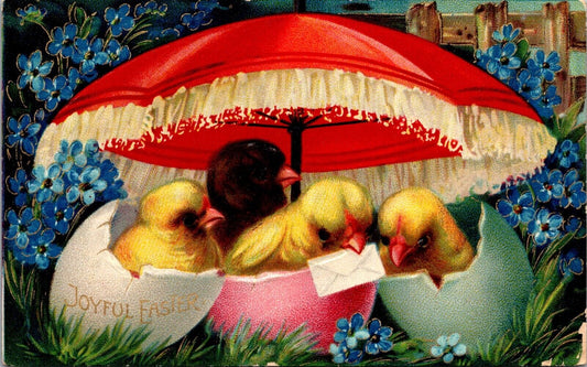 Easter Postcard Chicks Inside Colored Eggshells Under an Umbrella~138080