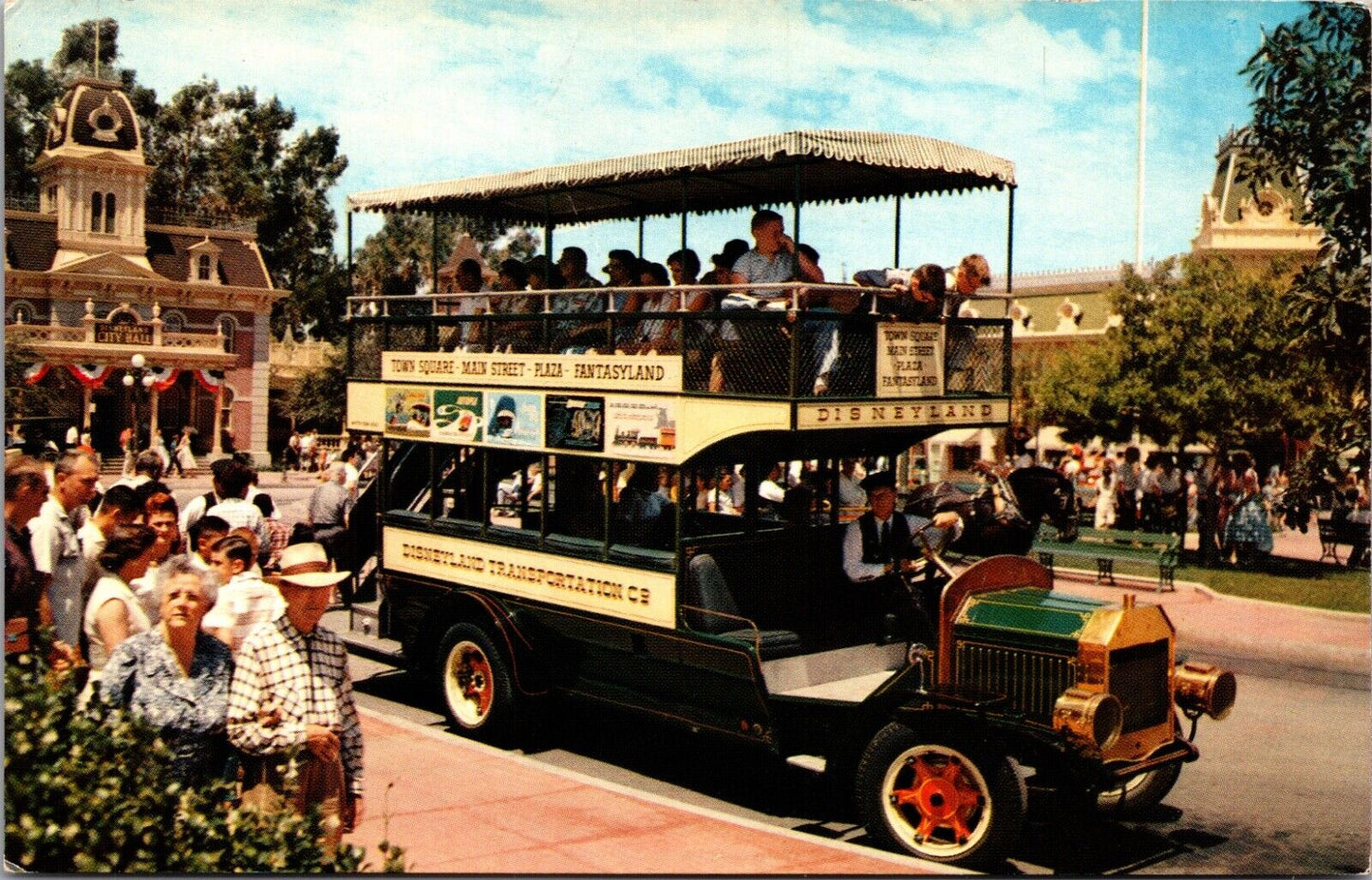 Disneyland Postcard Omnibus Double Decker Bus Automobile on Main Street