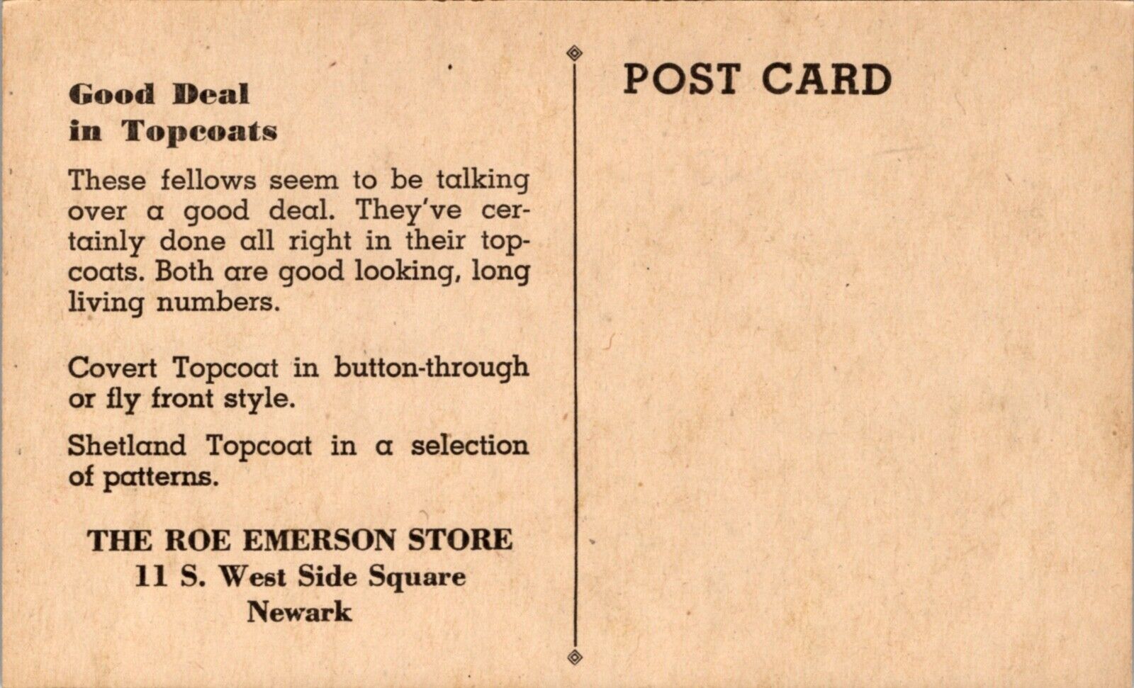 Advertising PC Mens Topcoats The Roe Emerson Store 11 S. West Side Square Newark