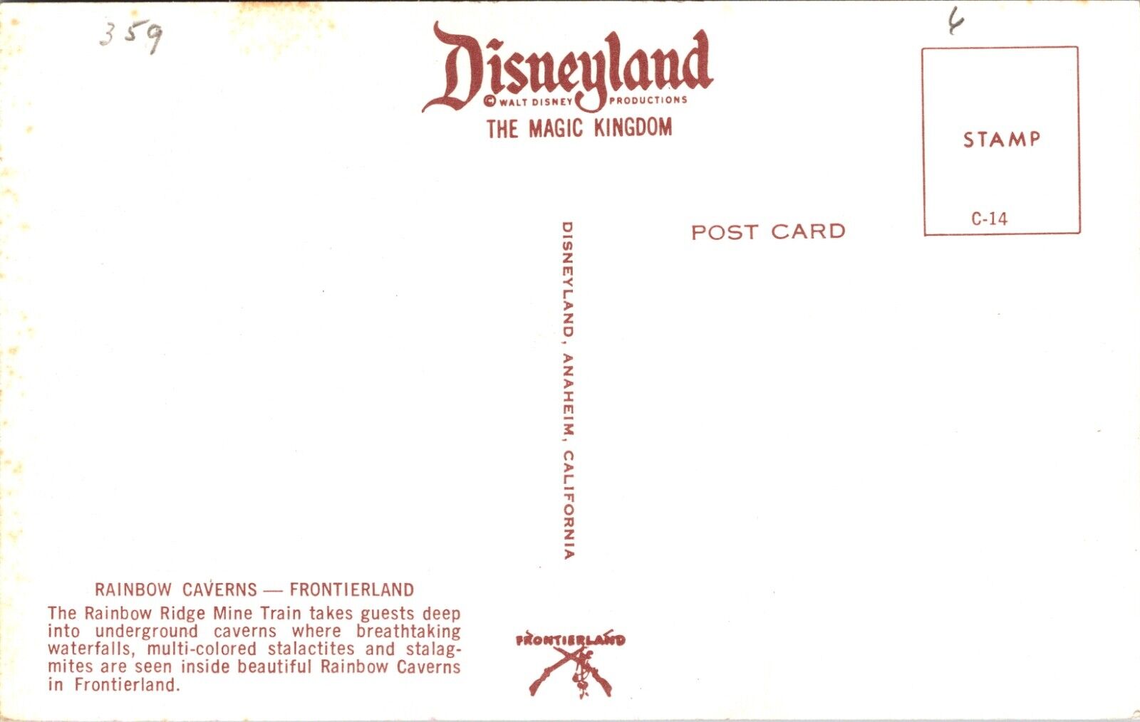 Disneyland Postcard Rainbow Ridge Caverns Mine Train Frontierland