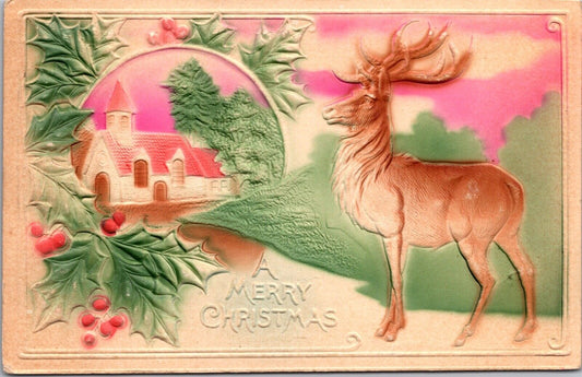 Airbrushed Christmas Postcard Buck Deer, Church and Holly