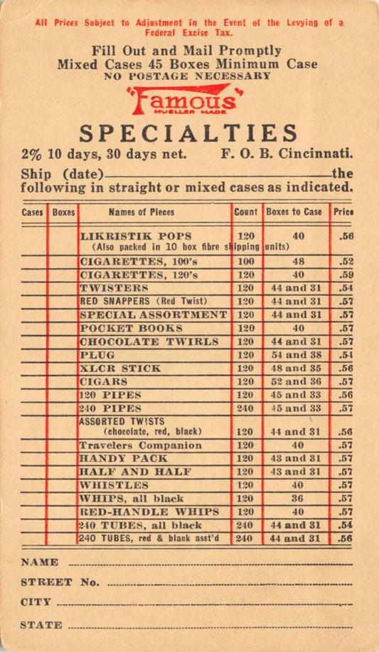 Advertising Order Form Postcard The John Mueller Licorice Company, Ohio~127311